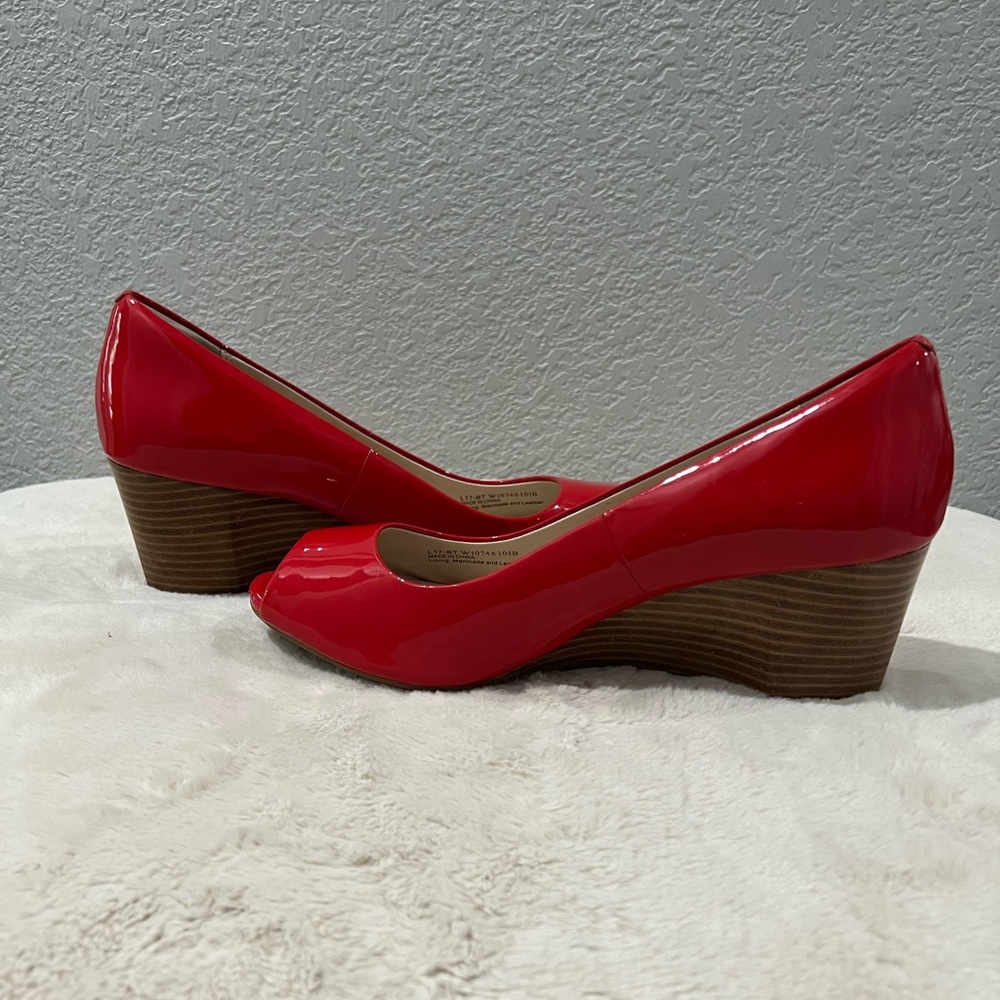 Cole Haan Red Patent Peep-Toe Wedge Pumps - Picture 6 of 8